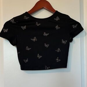 H&M Black Crop Top with Butterfly Design